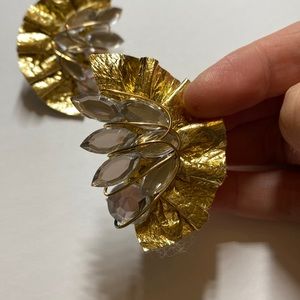 Vintage 80s gold leather, rhinestone clip on earrings